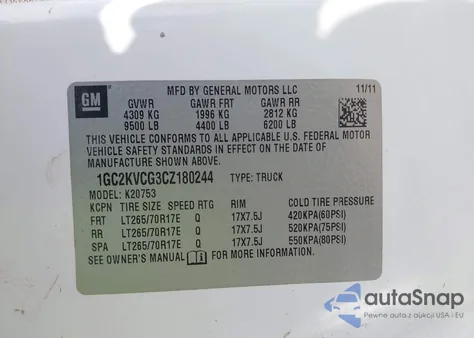 2012 Chevrolet Silverado 2500Hd Work Truck from USA, damaged, VIN 1GC2KVCG3CZ180244